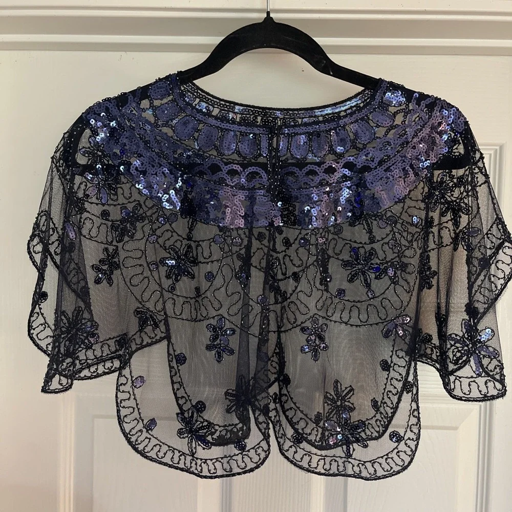 Vtg Sequins Cape Art Deco  Bolero 1920s Gatsby Style Evening Flapper Shawl Navy